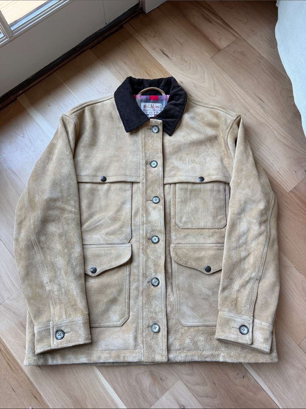 Filson Tan Suede Field Jacket with Dark Brown Collar